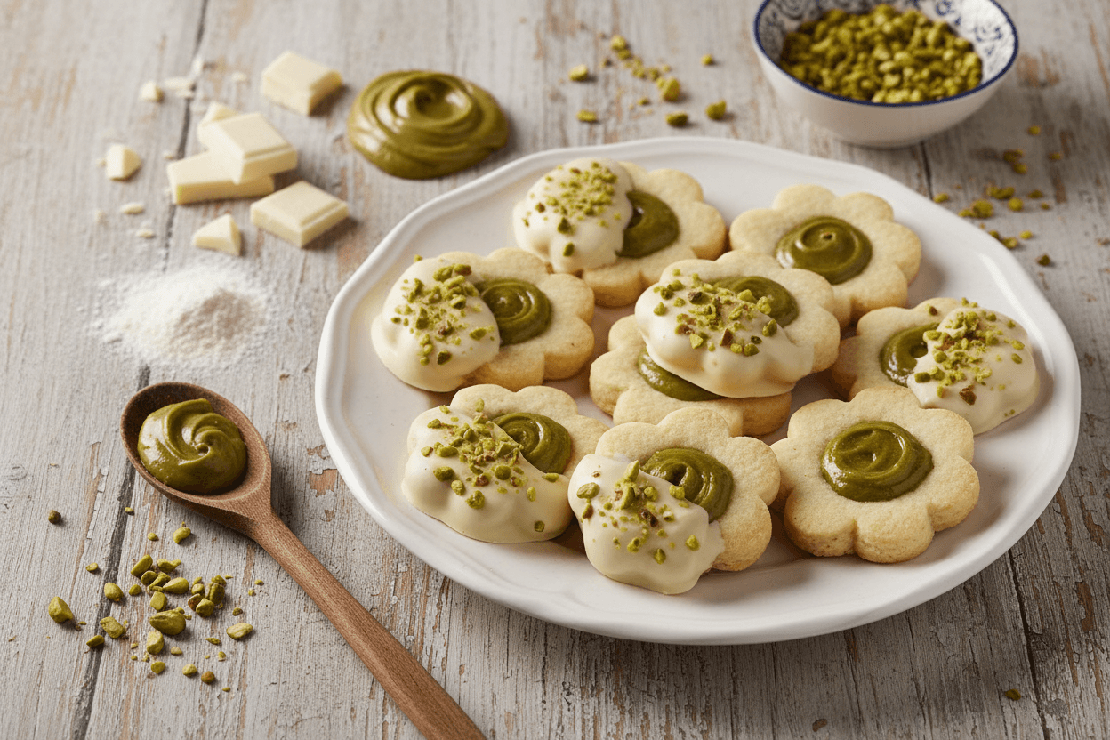 Blumenförmige Pistazienkekse mit weißer Schokolade