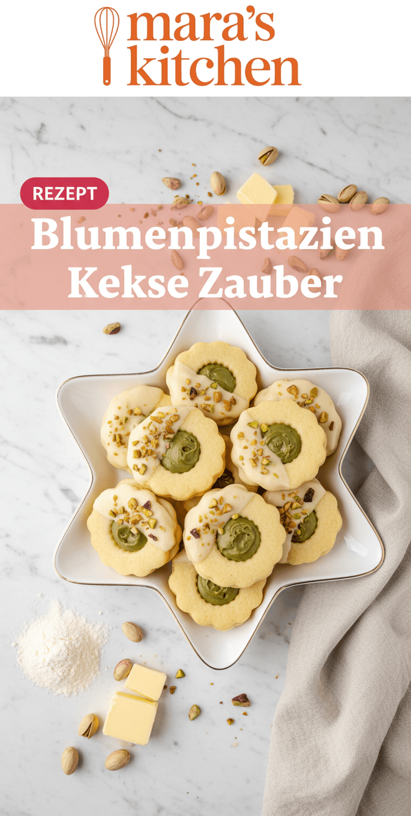 Blumenförmige Pistazienkekse mit weißer Schokolade - Dessert Rezept