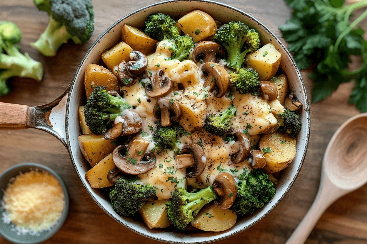 Brokkoli Kartoffel Pfanne mit Pilzen und Käse