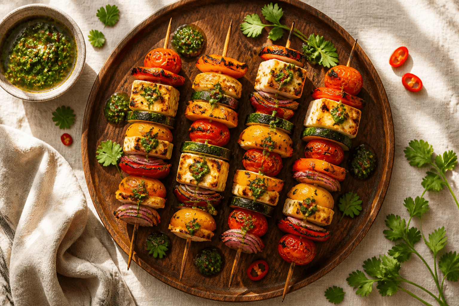 Bunte Halloumi-Gemüse-Spieße vom Grill: Sommerlich, würzig & mit frischem Chimichurri