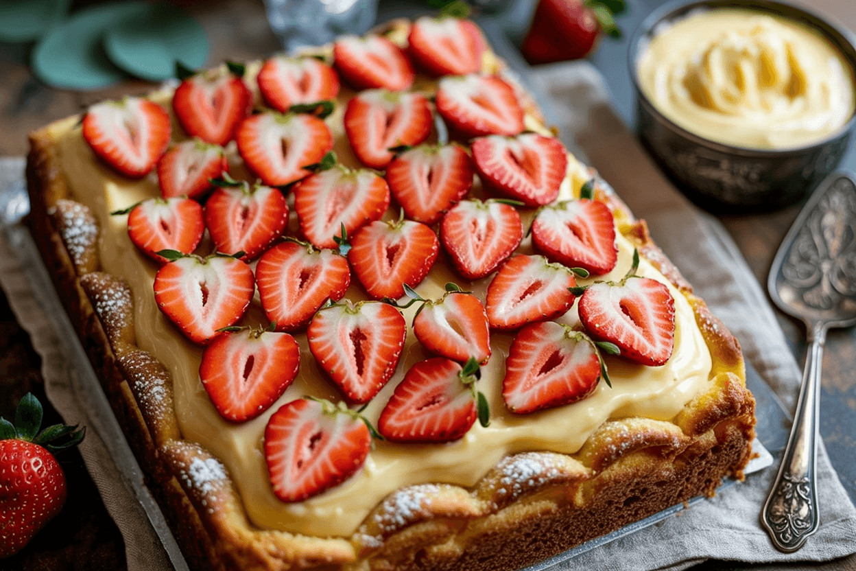 Cremiger Erdbeer-Pudding-Blechkuchen: fruchtig, einfach & unwiderstehlich