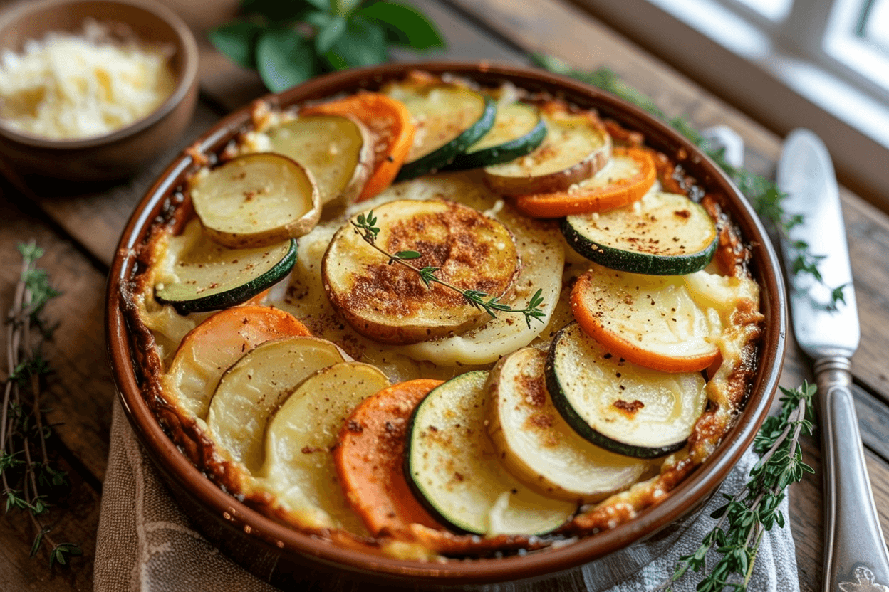 Cremiger Kartoffelauflauf mit Zucchini, Karotten und Zwiebeln
