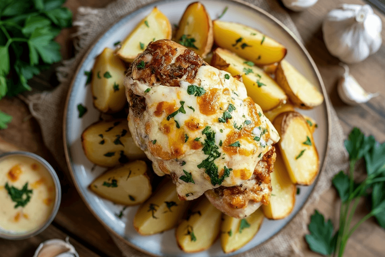 Eiweißreiches cremiges Knoblauch-Käse-Hühnchen mit Kartoffeln