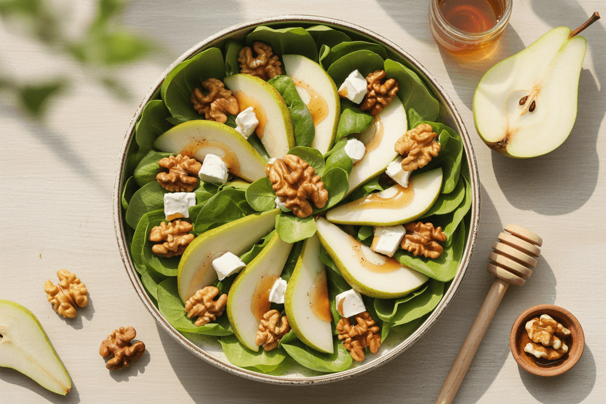 Feldsalat mit Walnüssen, Birnen und Ziegenkäse
