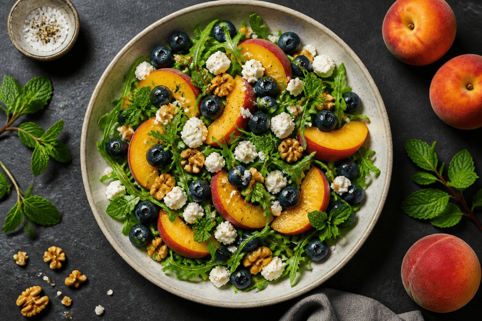Frische Sommerliebe: Heidelbeer-Pfirsich-Salat mit Feta und Minze
