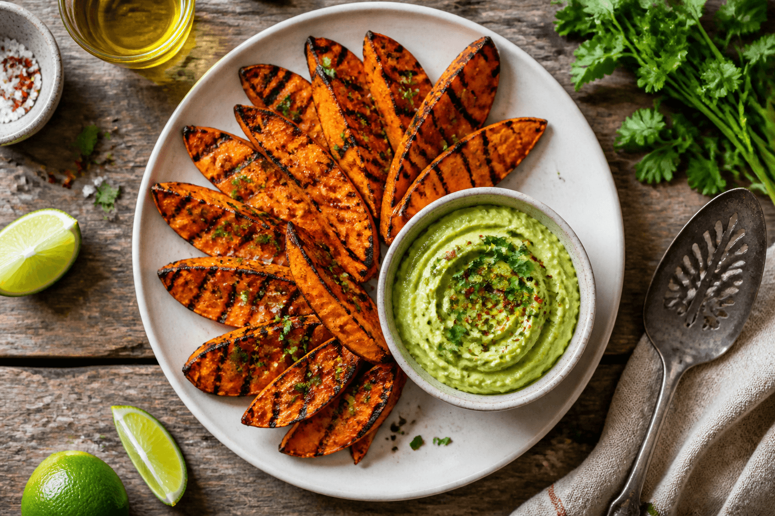Gegrillte Süßkartoffeln & Avocado-Dip: Sommerfeeling auf dem Teller
