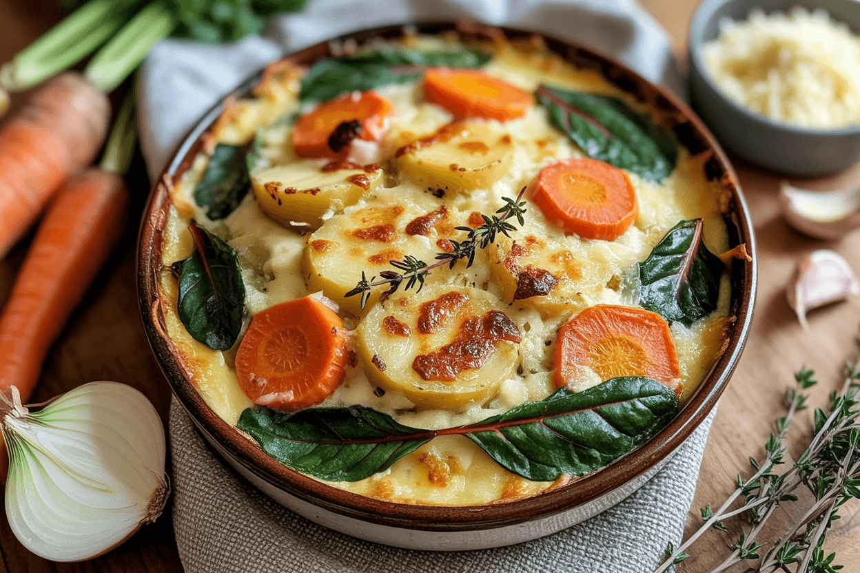 Gemüseauflauf mit Mangold, Karotten & Kartoffeln