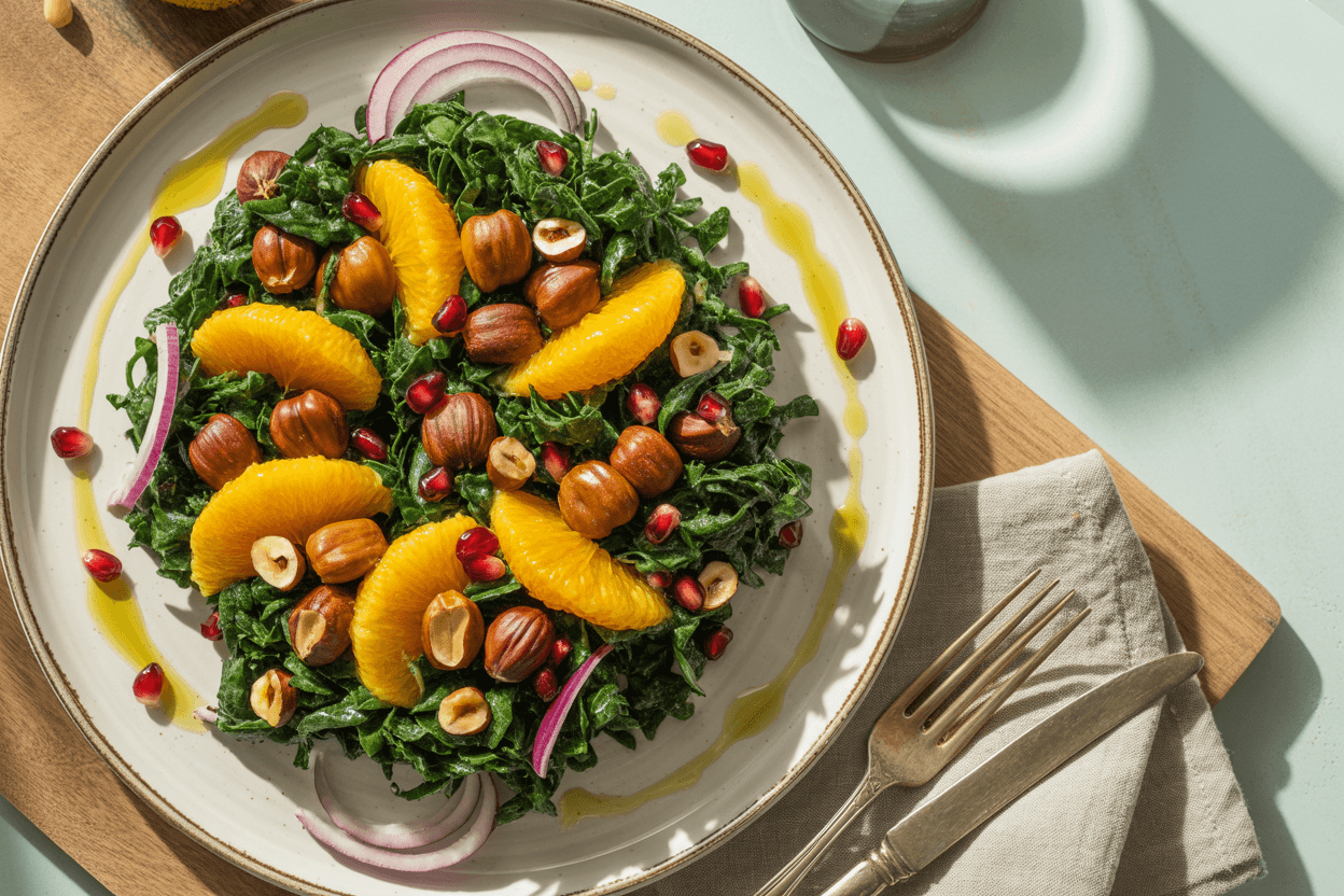 Grünkohlsalat mit gerösteten Maronen und Orangenfilets