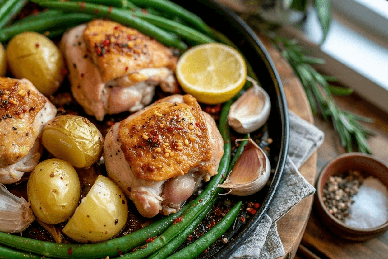 Hähnchen Bohnen Kartoffeln Blechgericht
