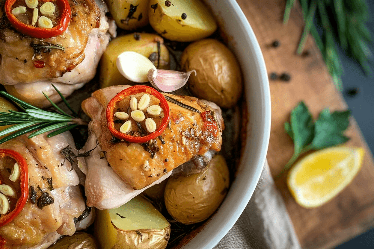 Hähnchen-Kartoffeln mit Chili und Knoblauch
