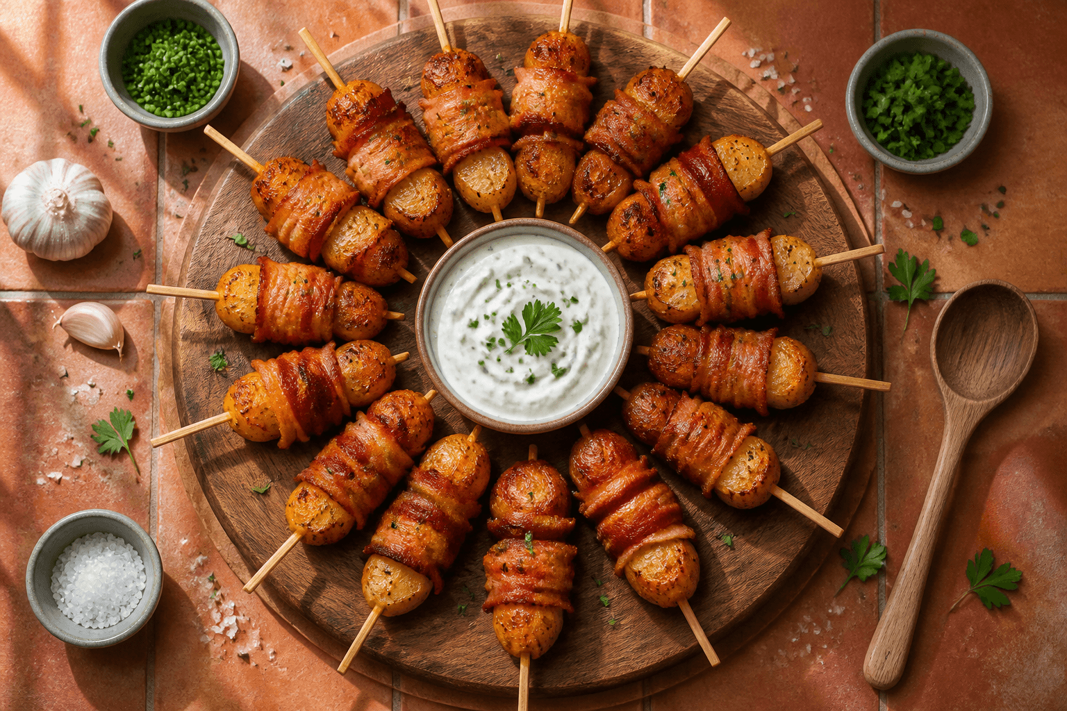 Herzhafte Kartoffel-Bacon-Spieße: Knusprige Ofenfreude mit cremigem Kräuterquark