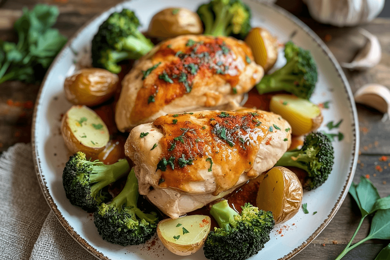 Honig Knoblauch Hähnchen mit Brokkoli und Kartoffeln aus dem Ofen