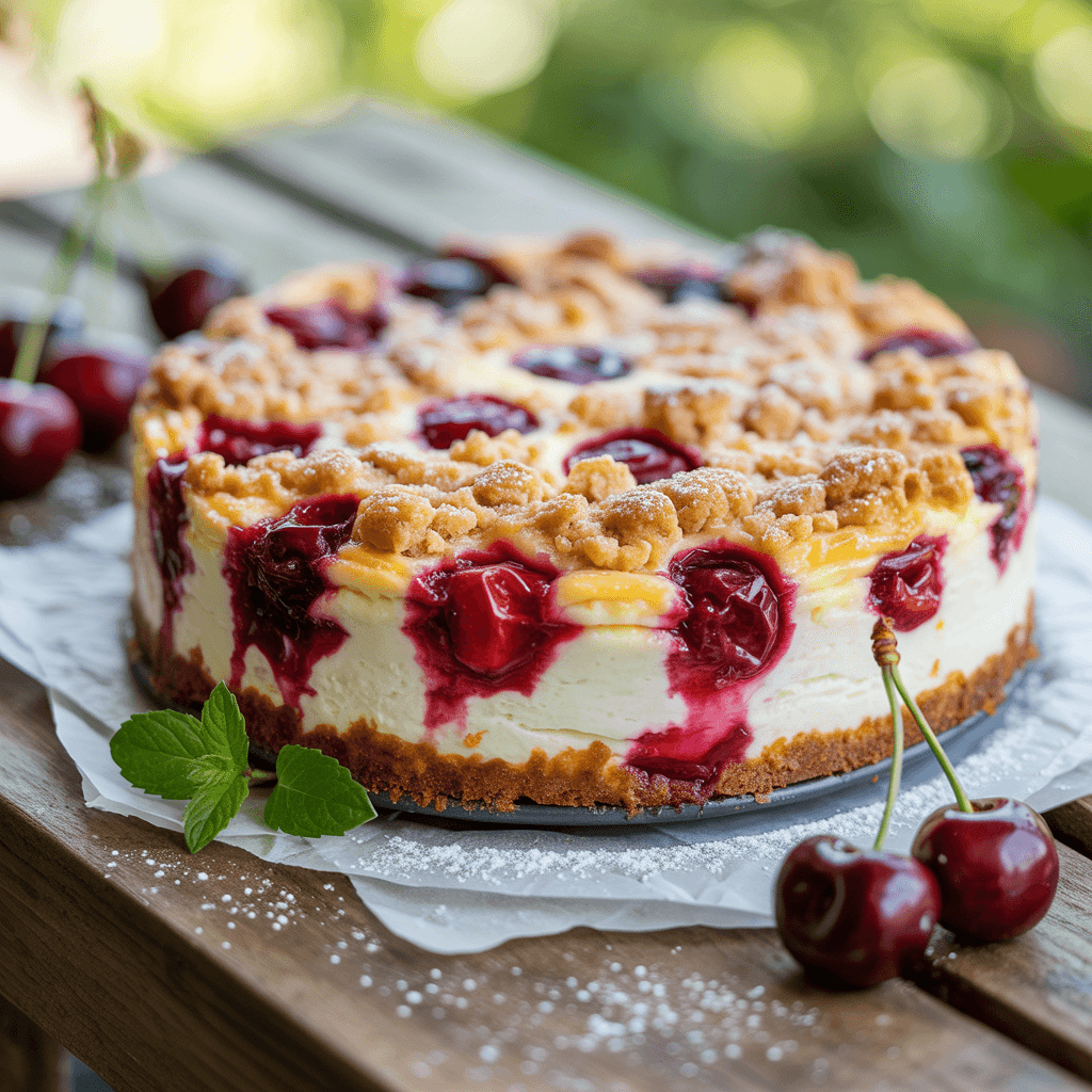 Käsekuchen mit Kirschen und Streuseln