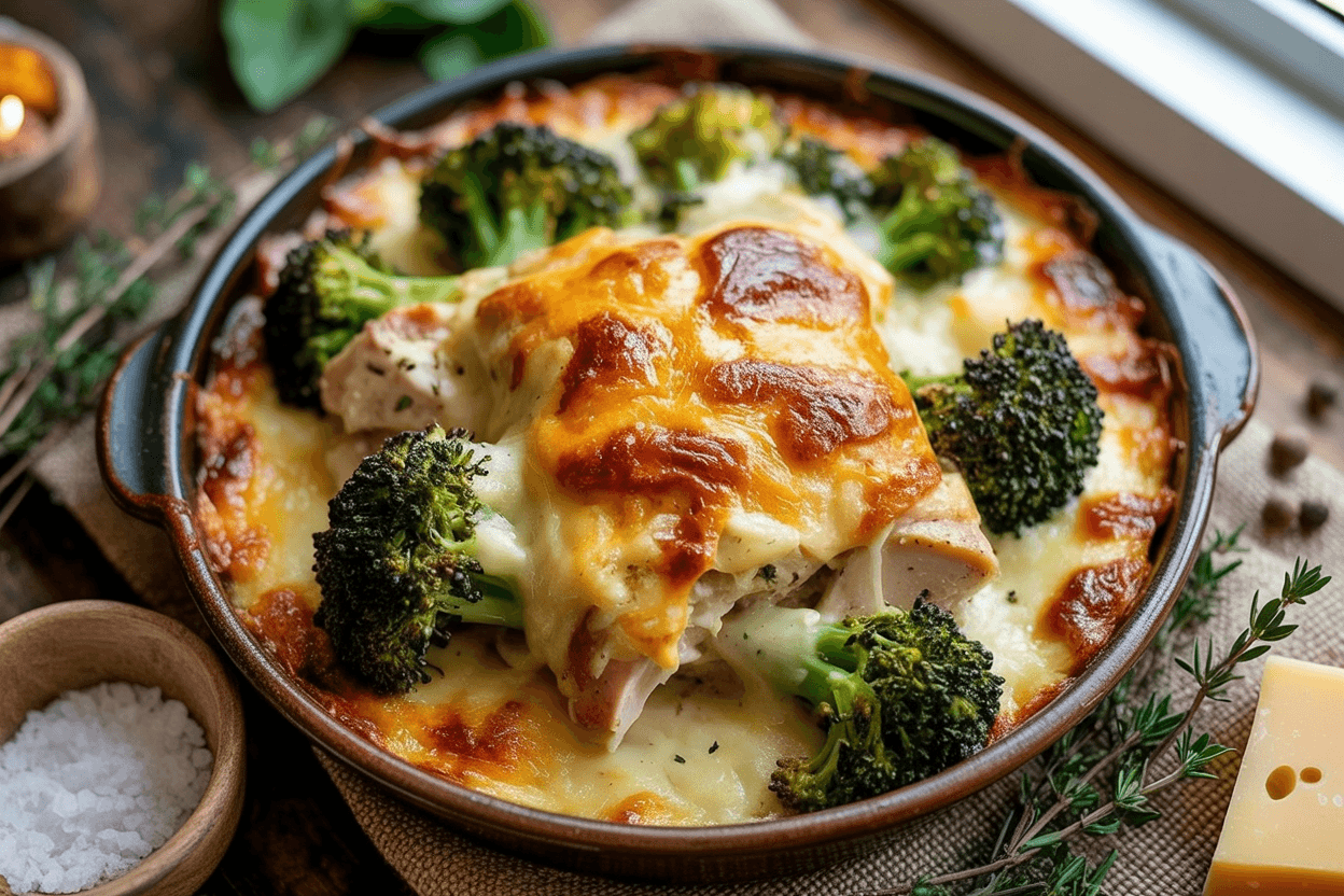 Käseüberbackener Hähnchen Kartoffel Brokkoli Auflauf