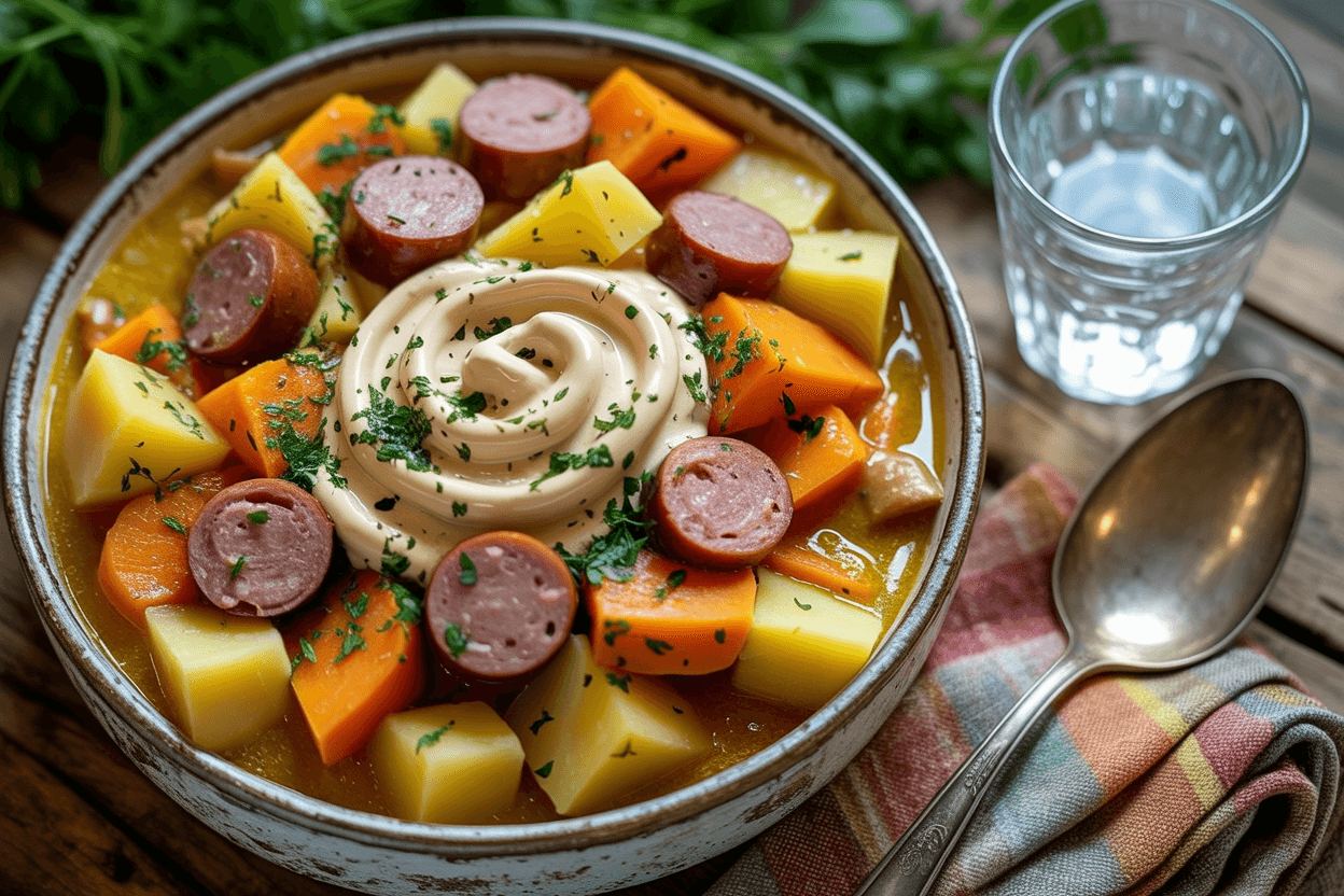 Kartoffel-Kürbis-Eintopf mit Würstchen