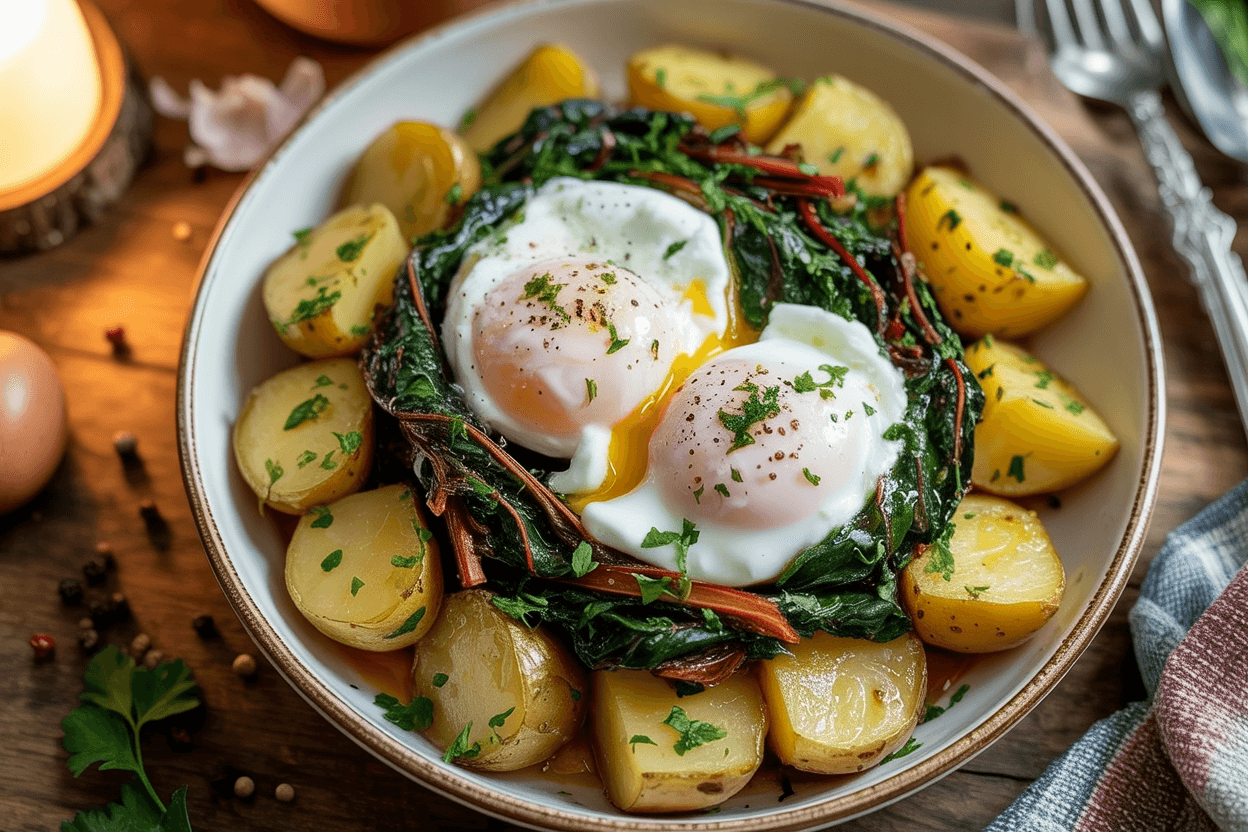 Kartoffel-Mangold-Gemüse mit pochierten Eiern