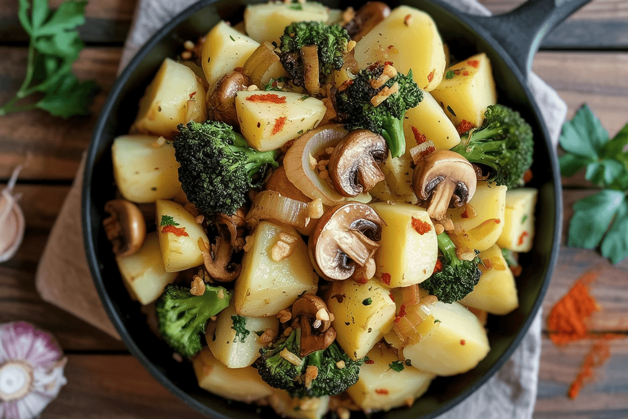 Kartoffel-Pfanne mit Brokkoli und Pilzen
