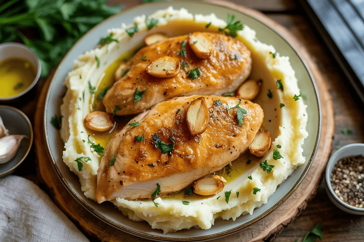 Knoblauch Hühnchen mit cremigem Kartoffelpüree