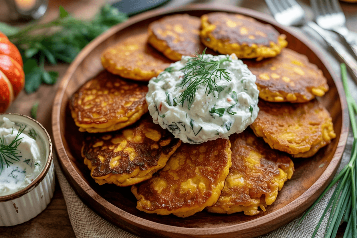 Knusprige Kürbis-Kartoffel-Puffer mit Kräuterquark