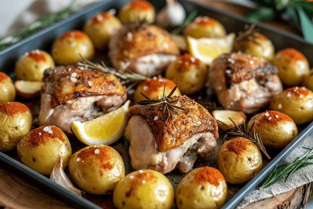 Knuspriges Hähnchen mit Rosmarinkartoffeln vom Blech