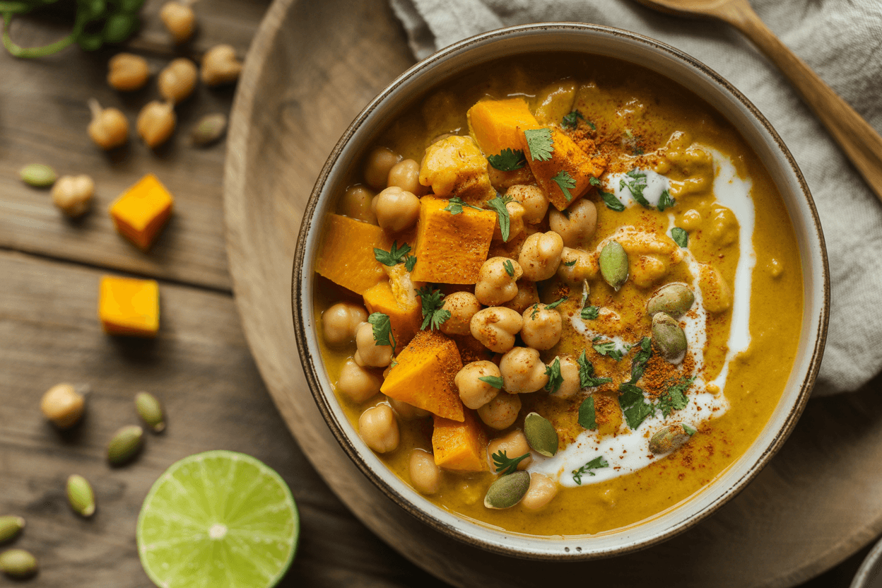 Kürbis-Kichererbsen-Eintopf mit Kokosmilch
