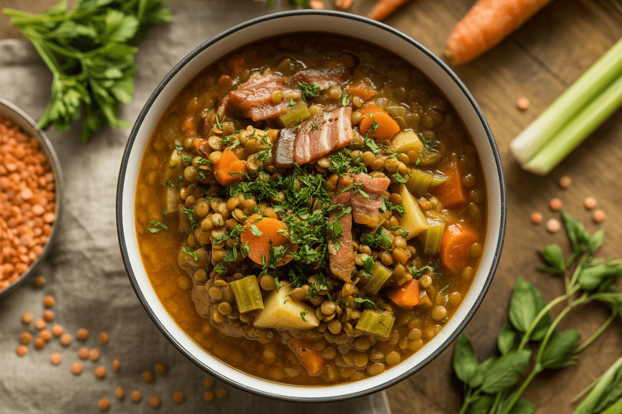 Linsen-Eintopf mit geräuchertem Speck und frischen Kräutern