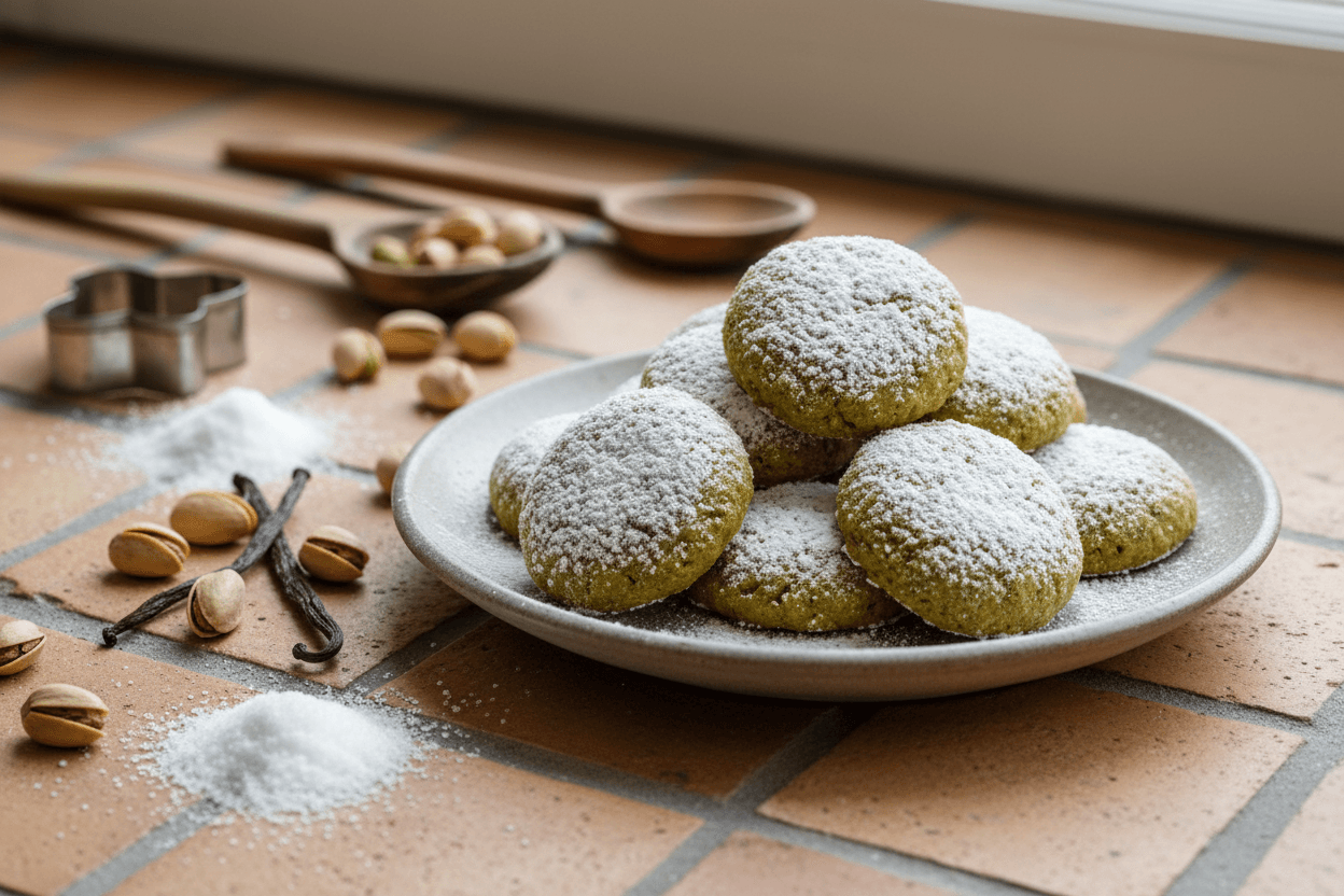 Mehlfreie Pistazien Plätzchen mit Puderzucker