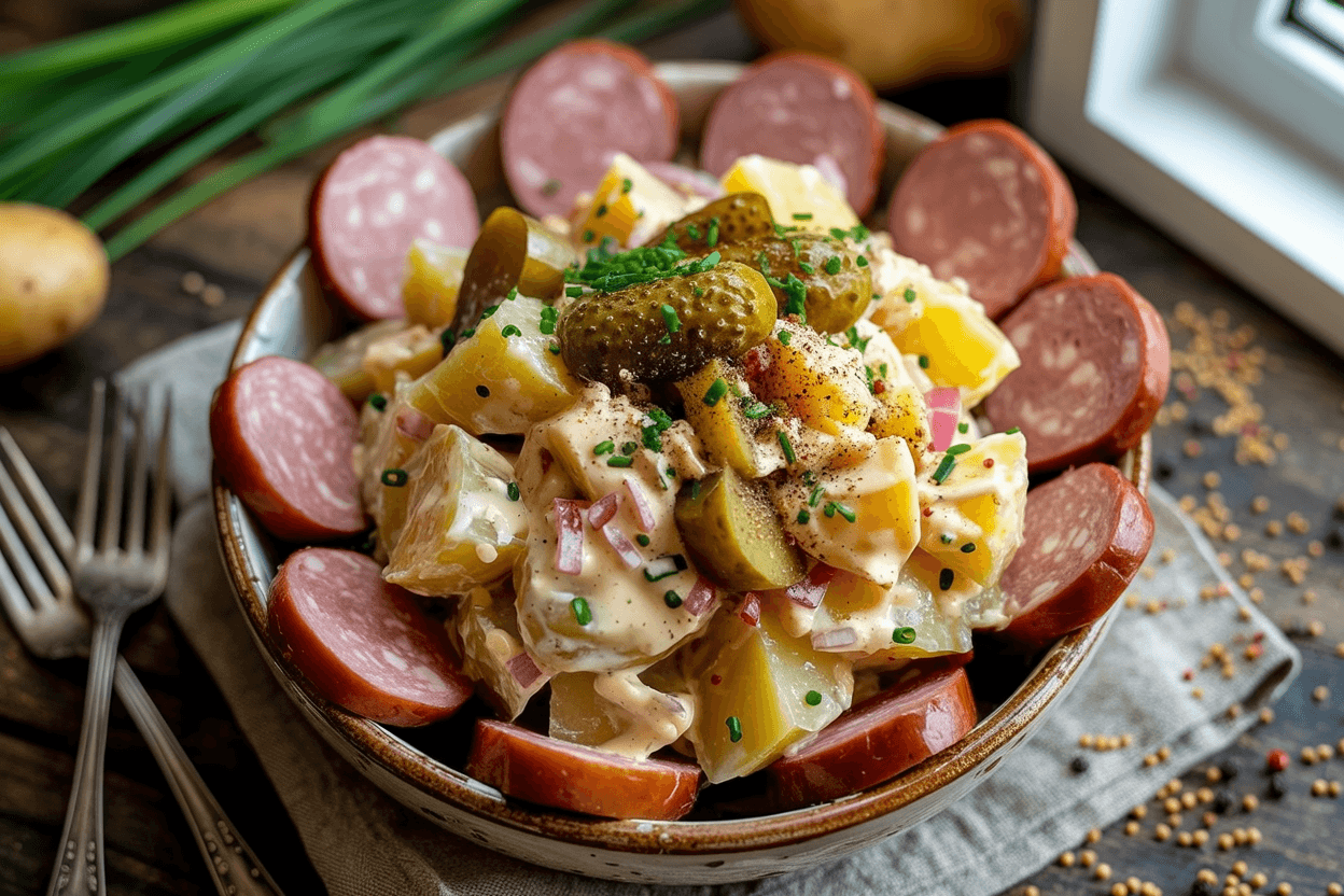 Omas Kartoffelsalat mit Mayonnaise und Fleischwurst