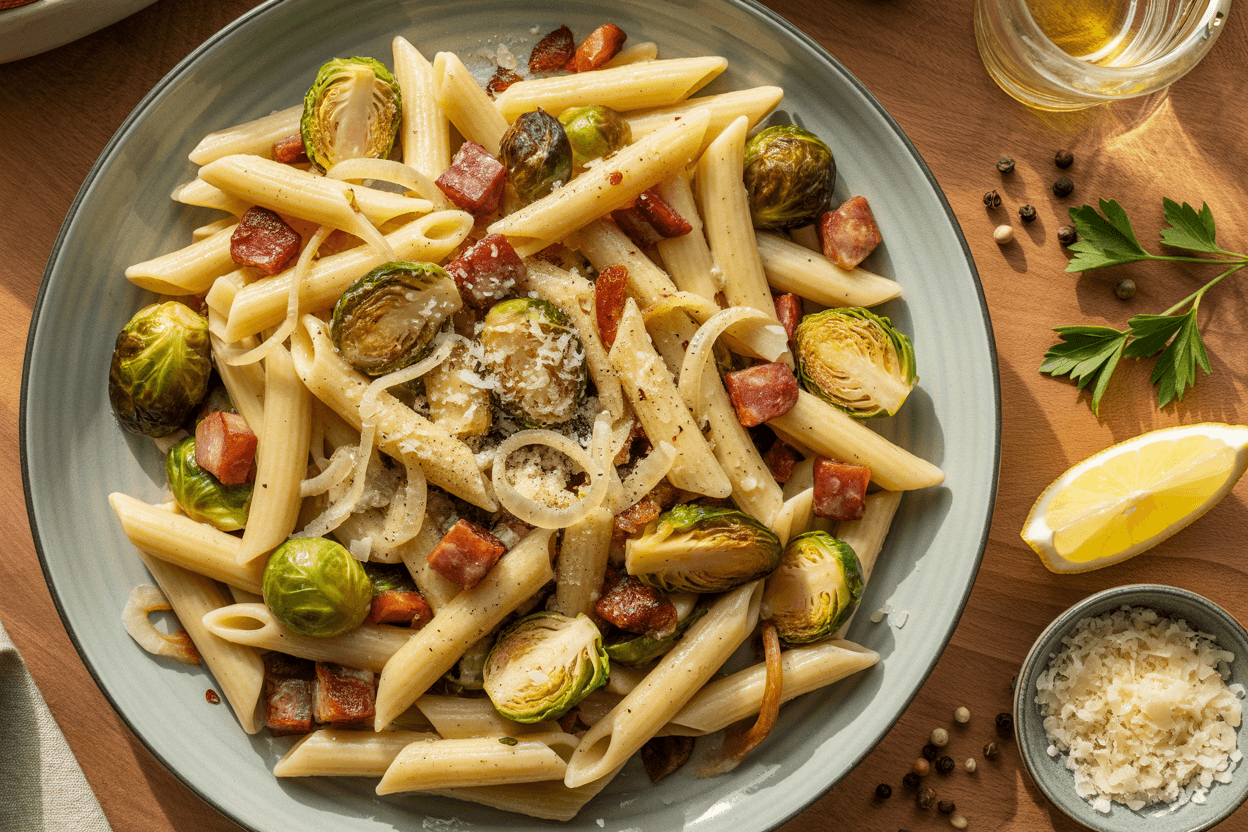 Pasta mit gebratenem Rosenkohl und Speck