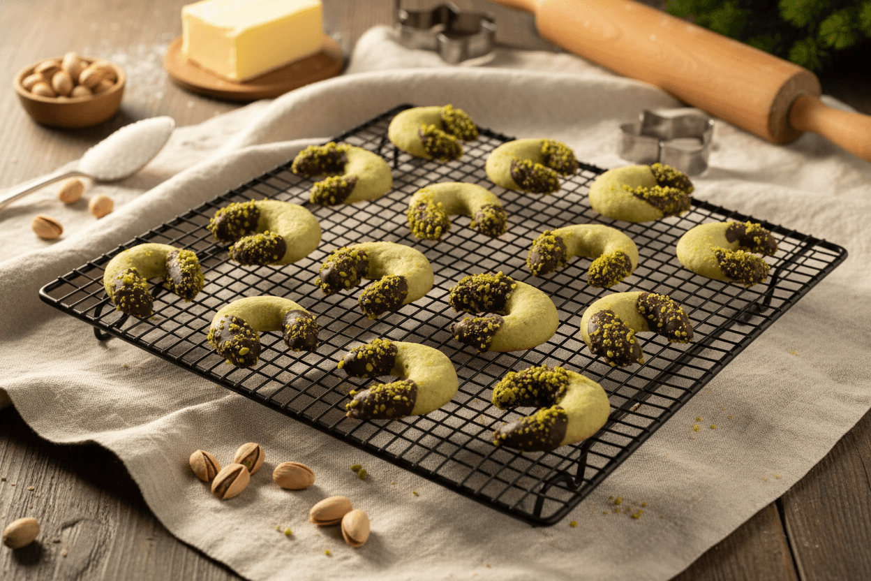 Pistazienkipferl mit Schokolade