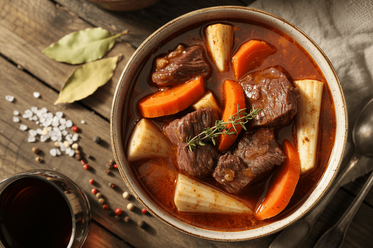 Rindfleisch-Eintopf mit Wurzelgemüse und Rotwein