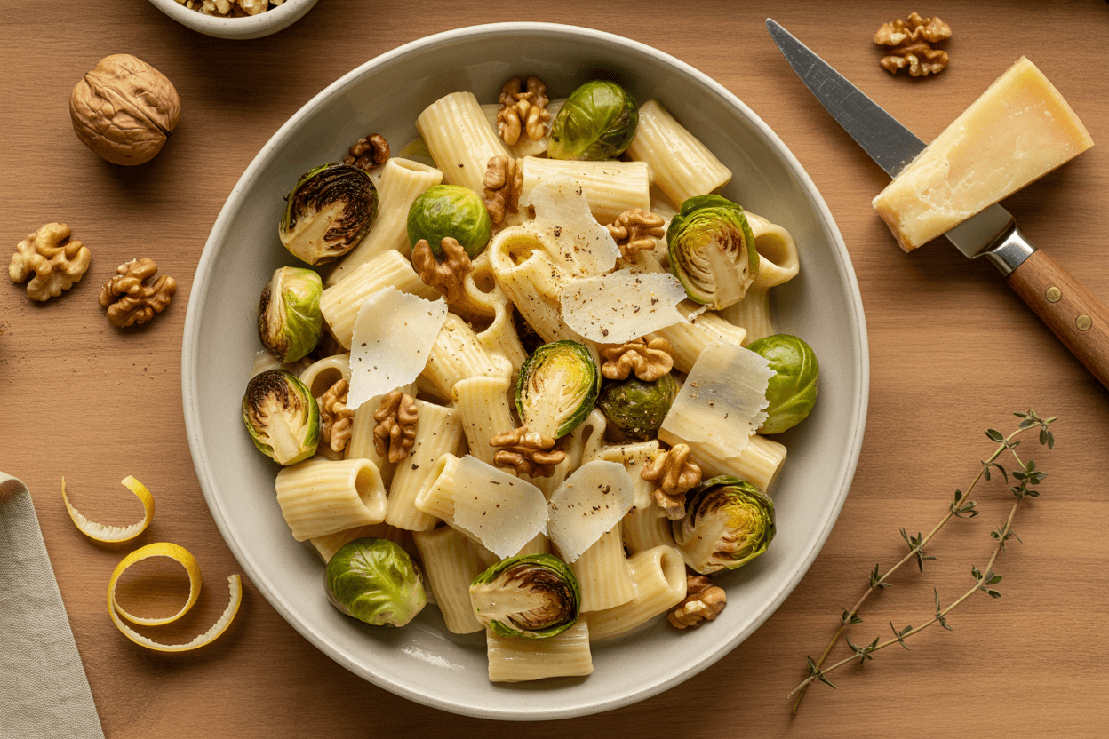 Rosenkohl-Pasta mit Walnüssen und Parmesan