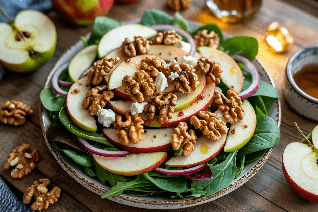 Salat mit Apfel und karamellisierten Walnüssen