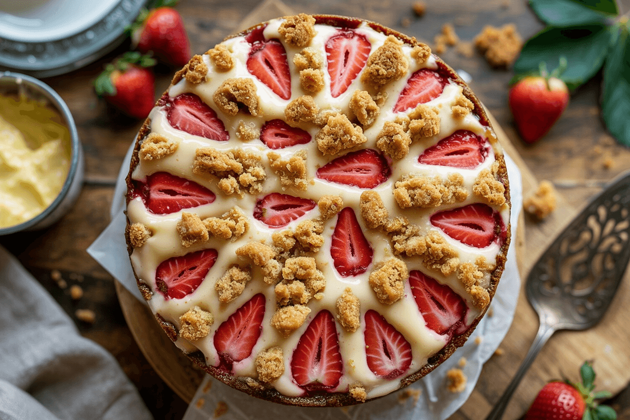 Sommerlicher Erdbeer-Pudding-Streuselkuchen: cremig, fruchtig & unwiderstehlich