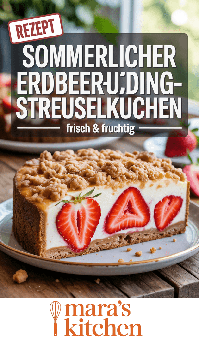 Sommerlicher Erdbeer-Pudding-Streuselkuchen: cremig, fruchtig & unwiderstehlich - Kuchen Rezept