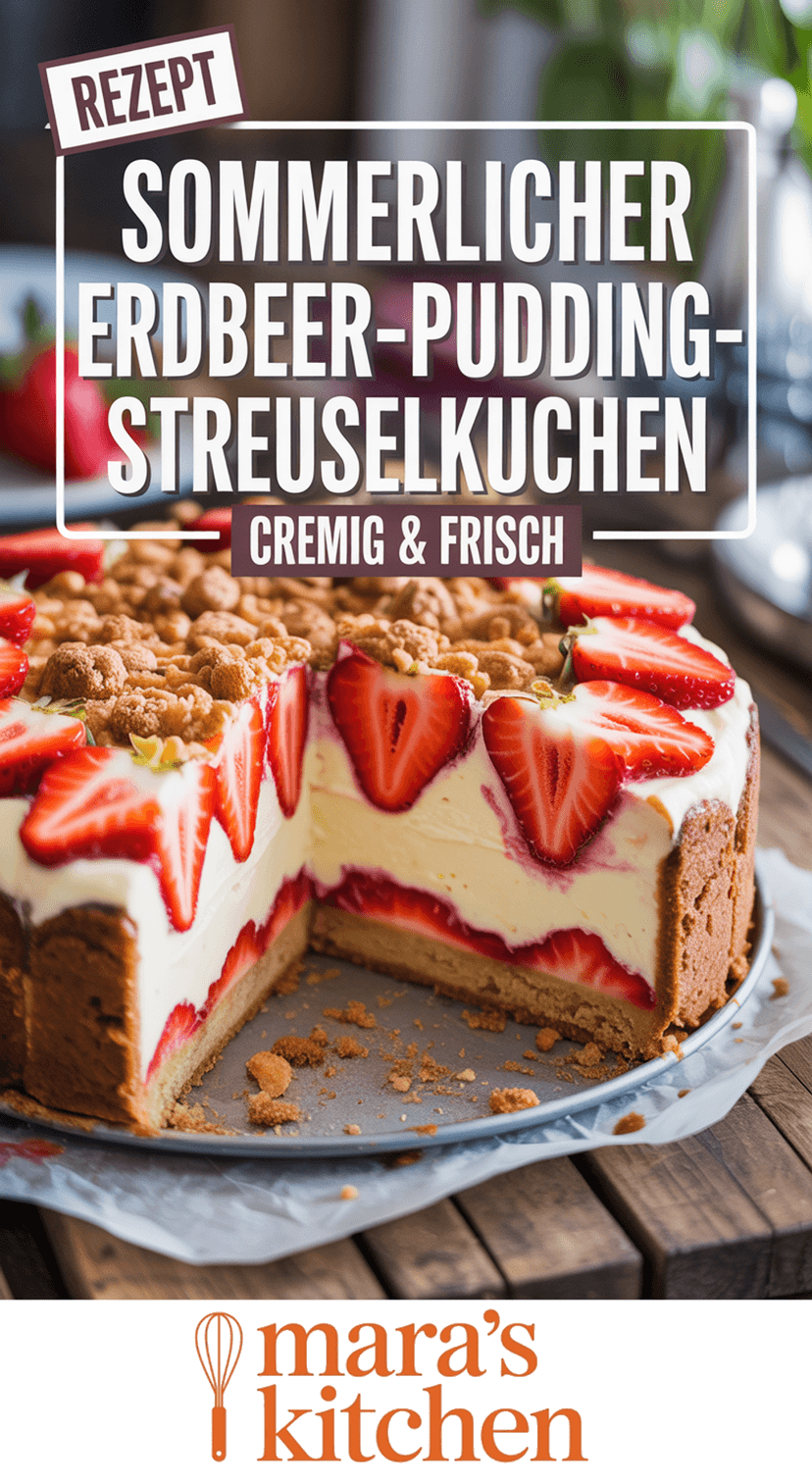 Sommerlicher Erdbeer-Pudding-Streuselkuchen: cremig, fruchtig & unwiderstehlich - Backen Rezept