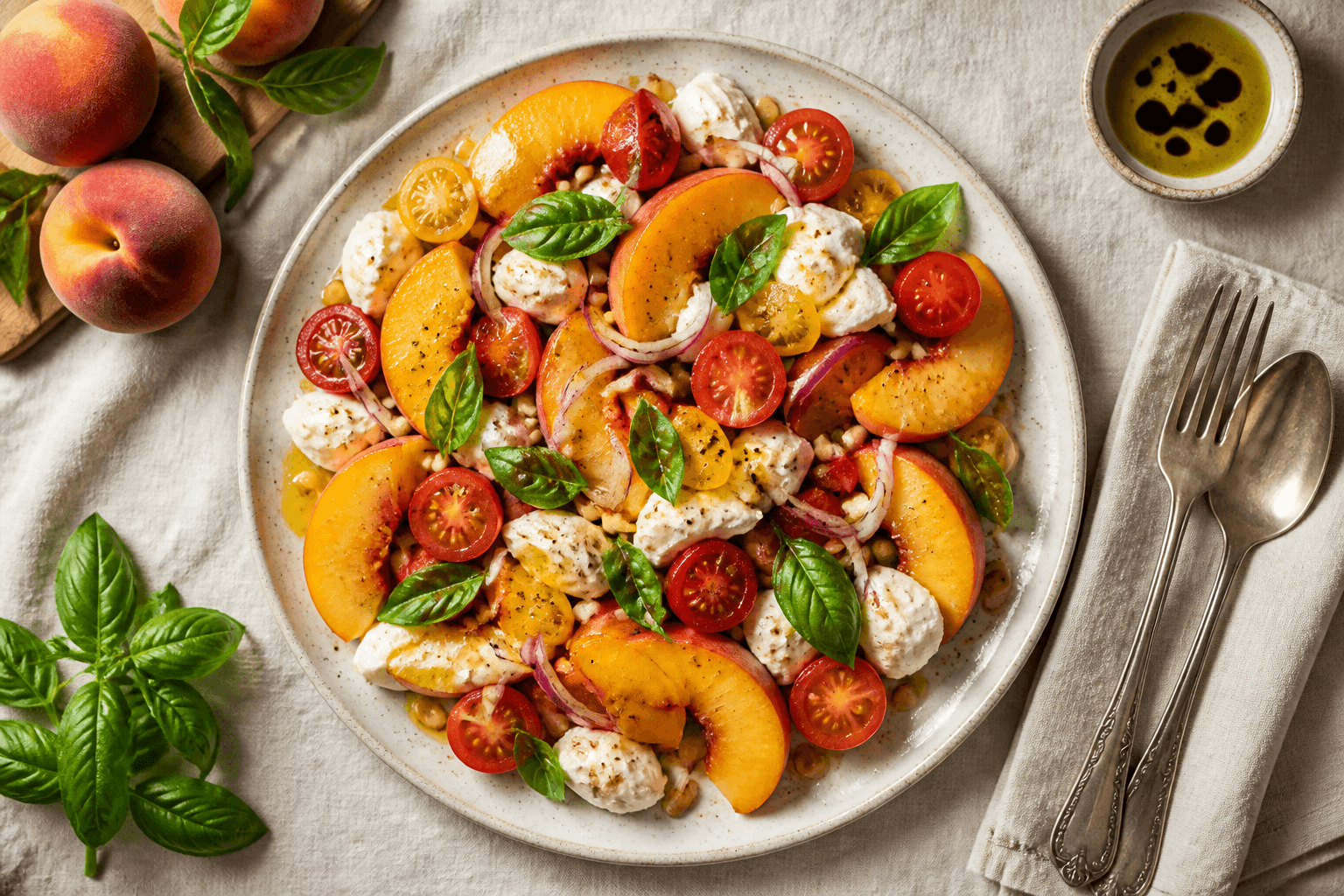 Sommerlicher Pfirsich-Tomaten-Salat: Fruchtig, frisch & mit cremigem Mozzarella