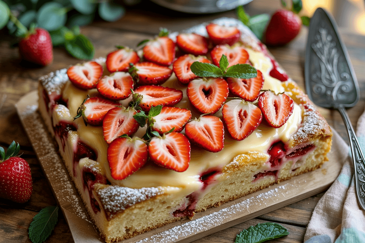 Sonniger Erdbeer-Blechkuchen mit Pudding: fruchtig, cremig & unwiderstehlich einfach