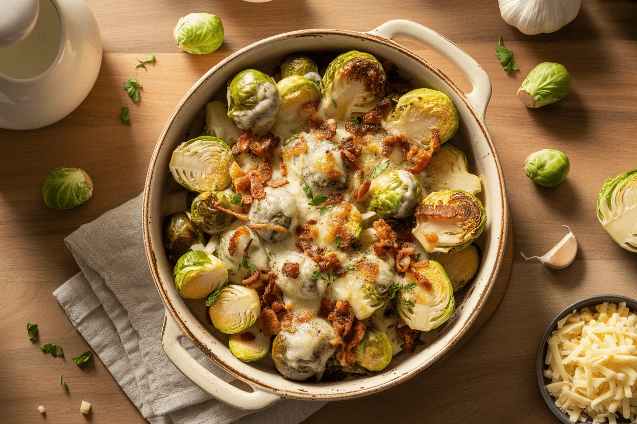 Überbackener Rosenkohl mit Käse und Speck