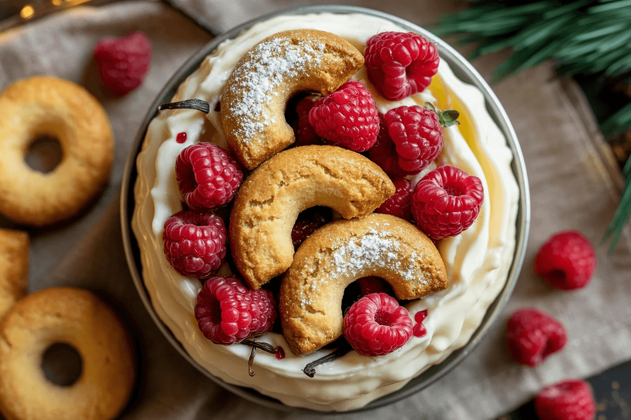 Vanillekipferl-Dessert mit Himbeeren