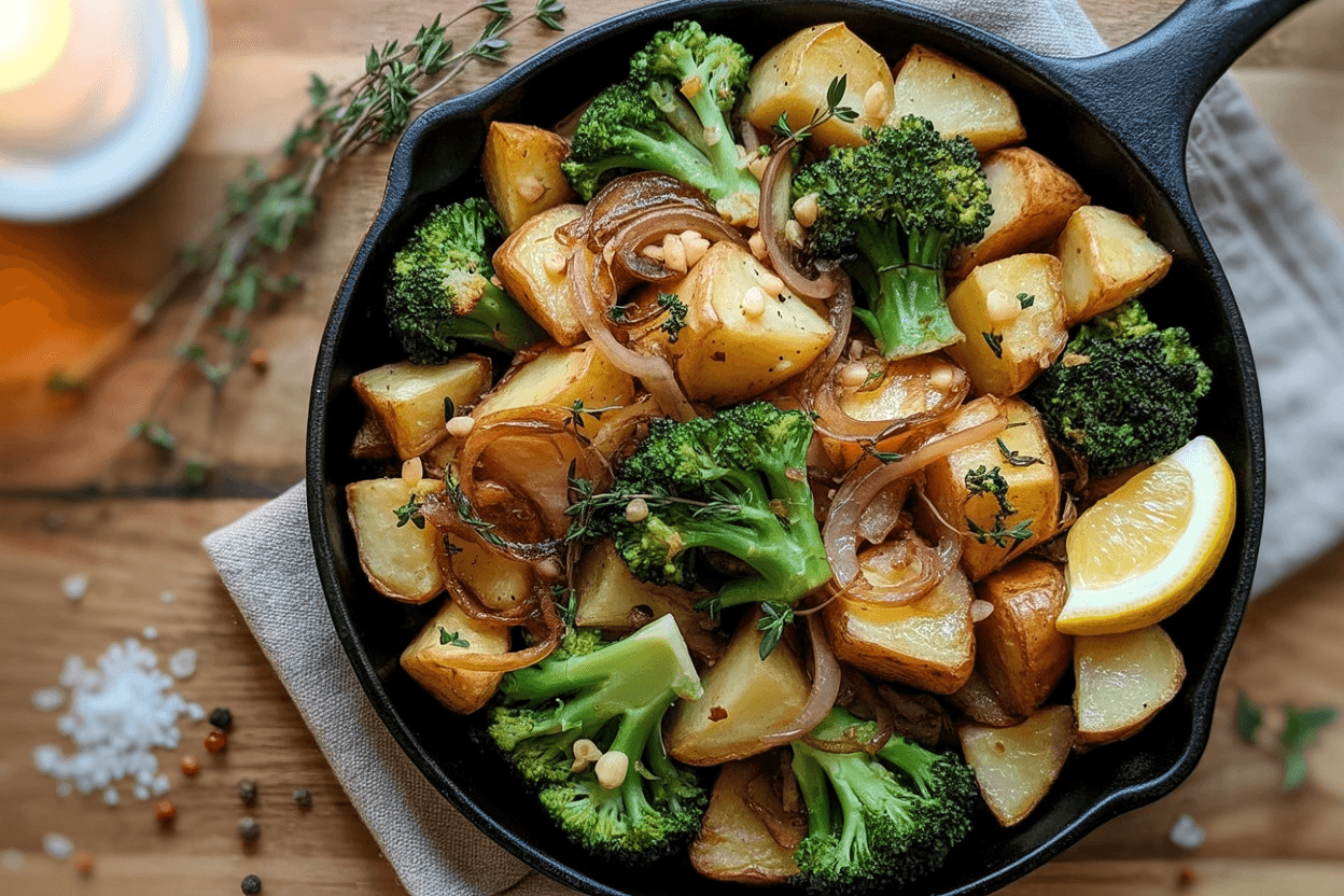 Vegane Kartoffel-Brokkoli-Pfanne mit Thymian und Petersilie