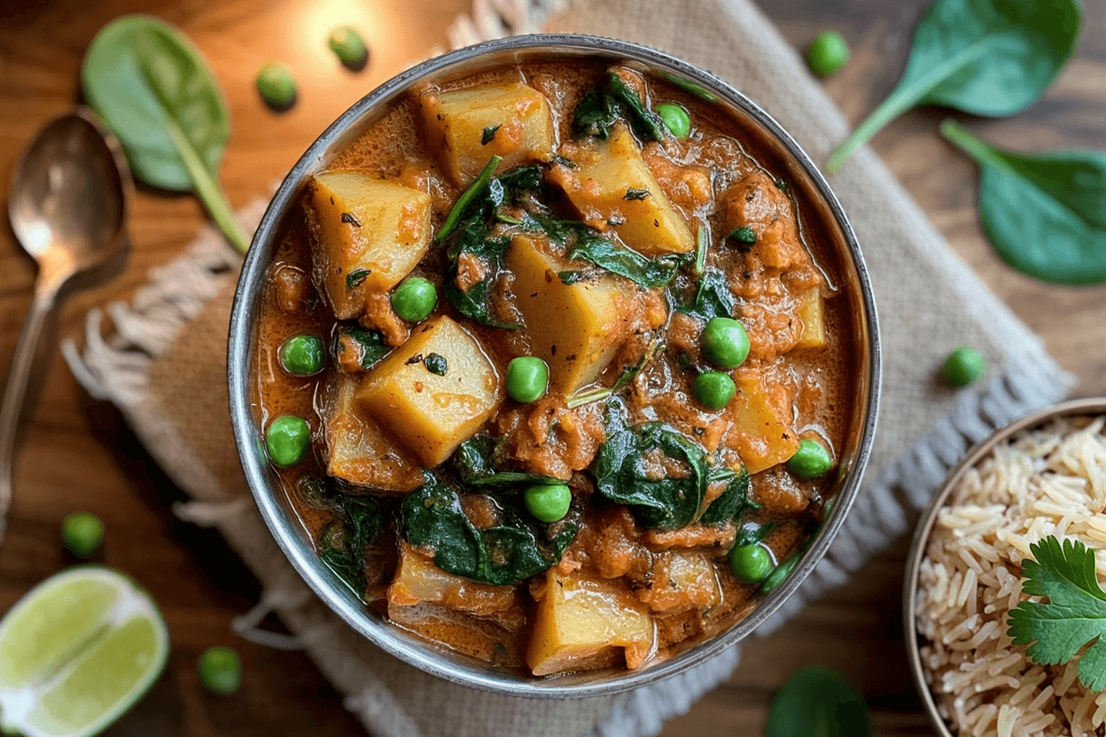 Veganes Kartoffelcurry mit Spinat und Erbsen