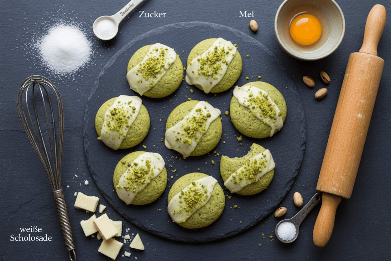 Weiche Pistazienkekse mit weißer Glasur