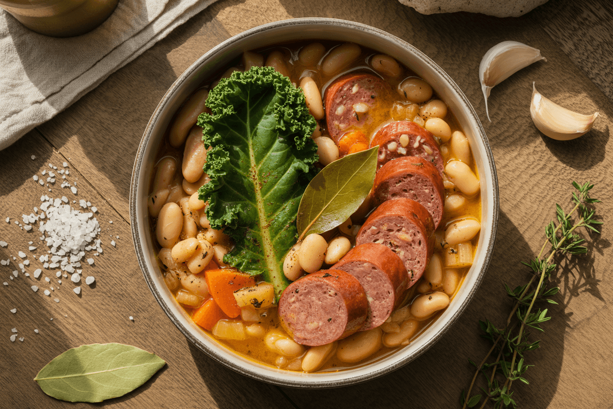 Weiße-Bohnen-Eintopf mit Grünkohl und Mettwurst