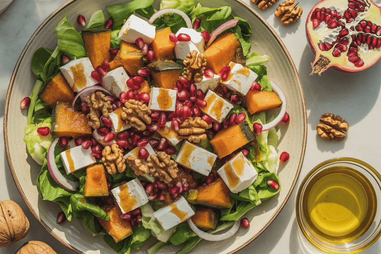 Wintersalat mit gebratenem Kürbis, Feta und Granatapfelkernen