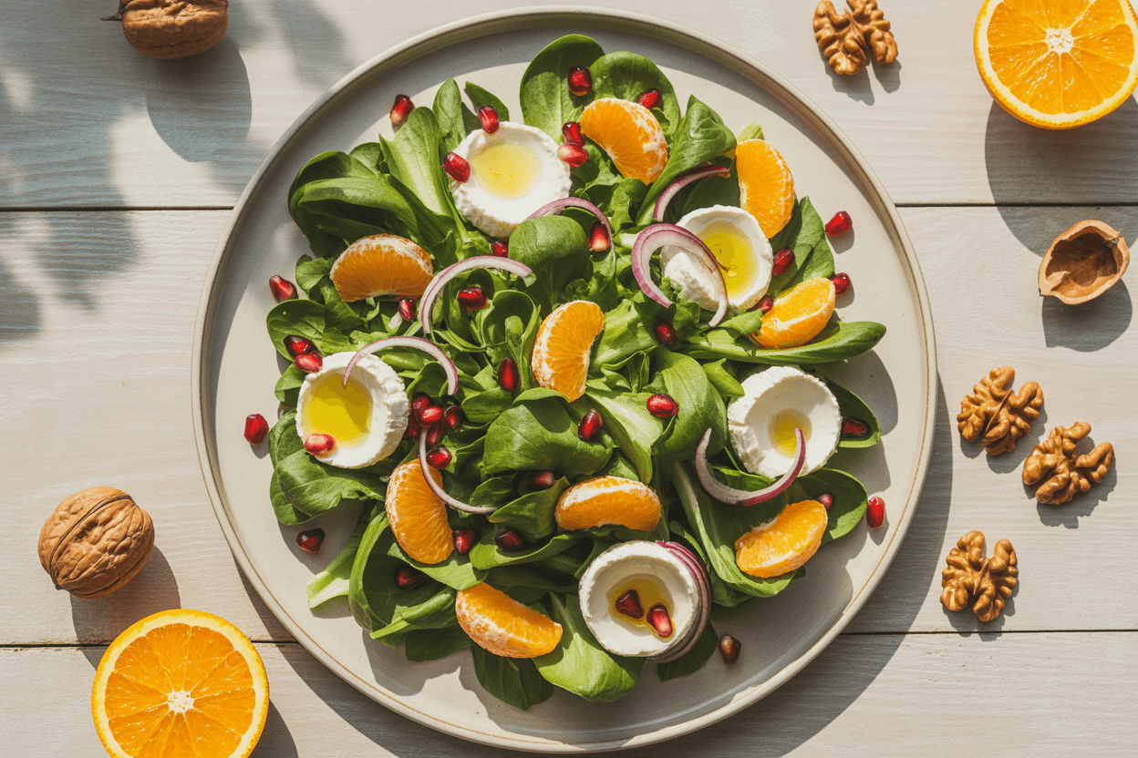 Wintersalat mit Orange, Granatapfel und Ziegenkäse