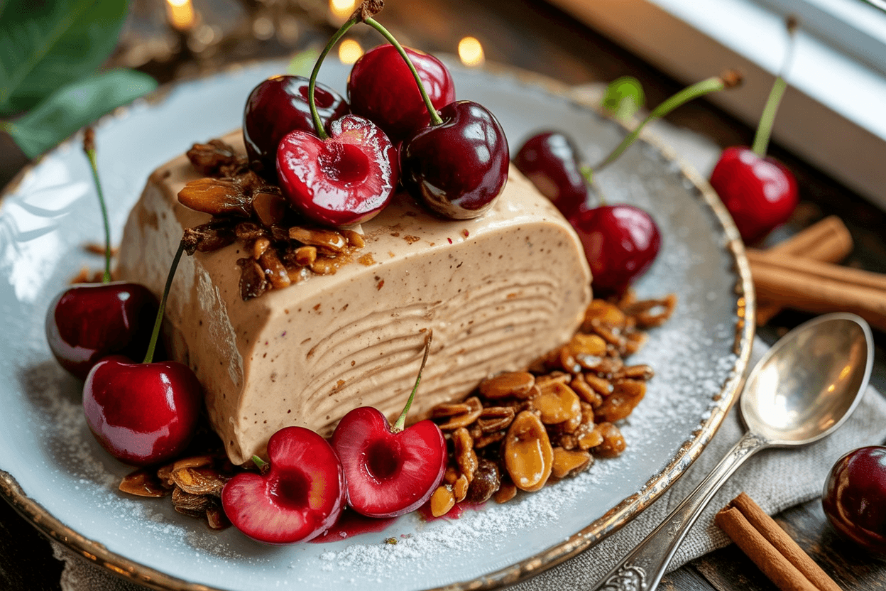 Zimtparfait mit gebrannten Mandeln und Kirschen