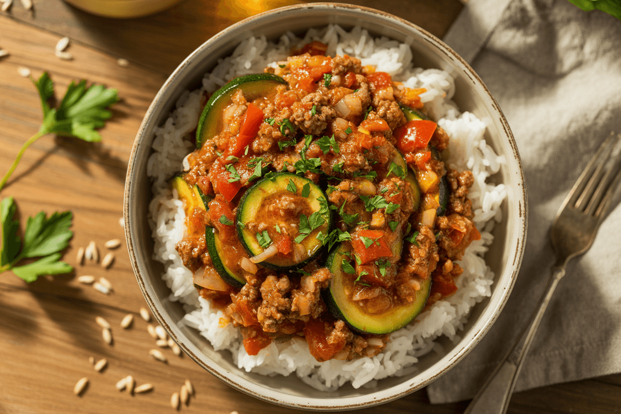 Zucchini Hackfleisch Pfanne mit Reis
