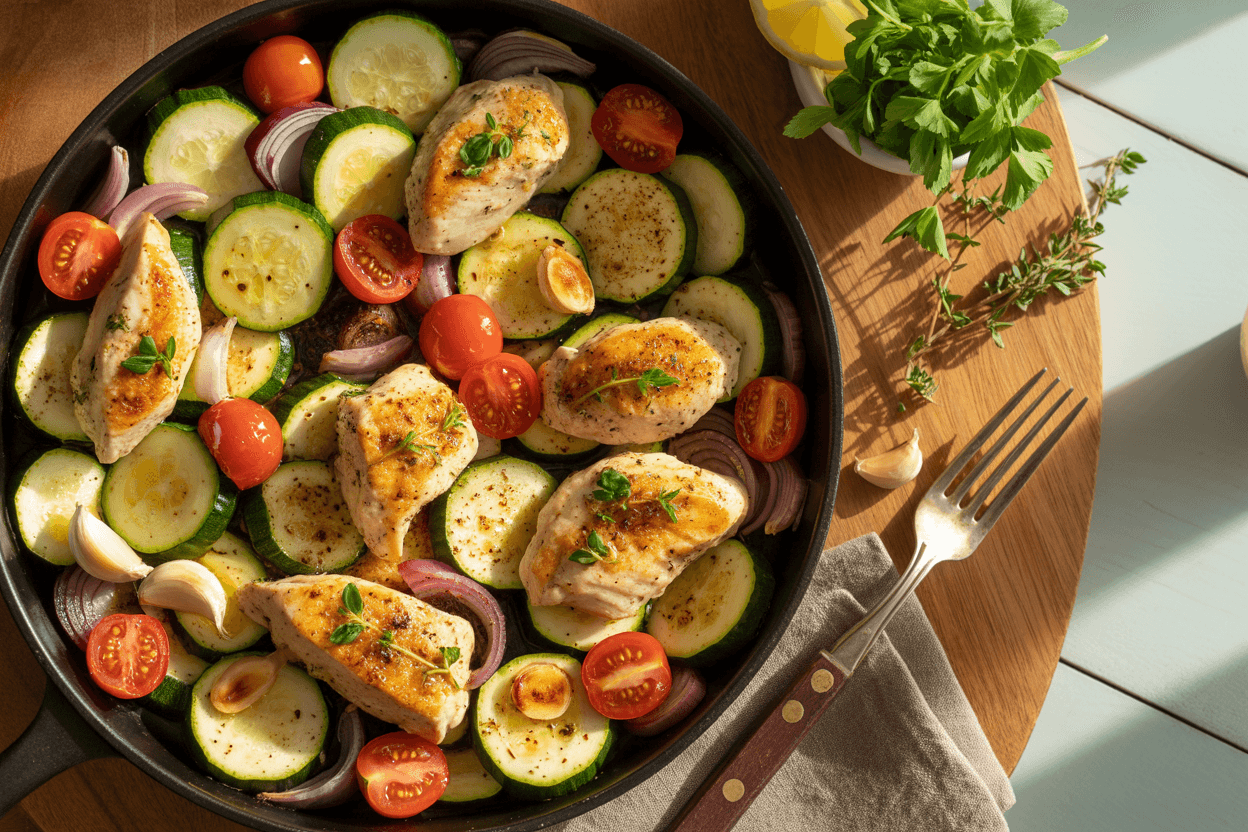 Zucchini-Hähnchen-Pfanne mit Knoblauch und frischen Kräutern