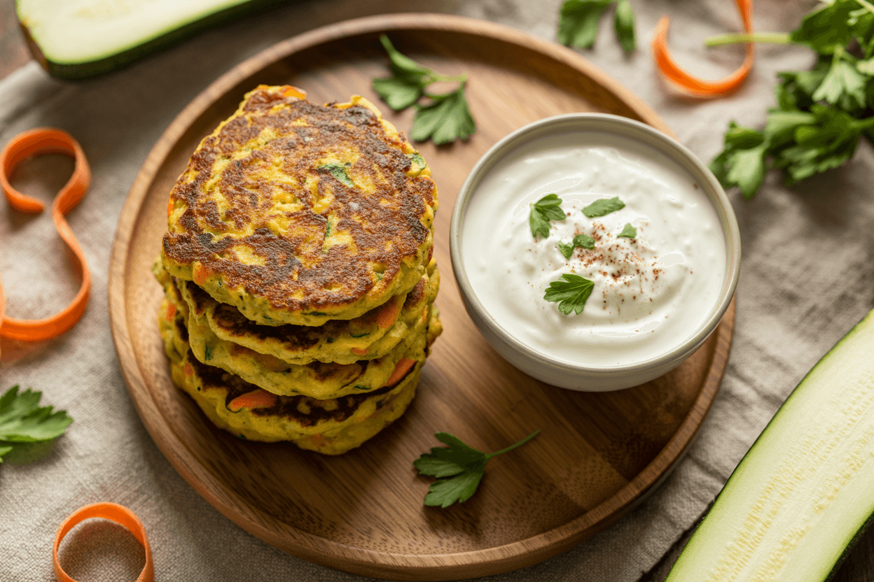 Zucchini-Karotten-Puffer mit Joghurt-Dip